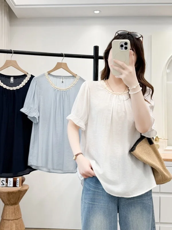 plus Size Women's Lace Trim Collar Short Sleeve Shirt Summer Loose Slimming Versatile Casual Style Polyester Fiber Top