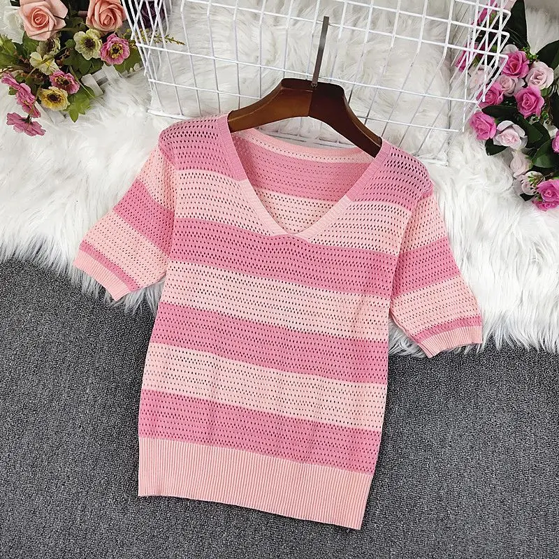 

Summer Thin Korean V-neck Loose and Slim, Versatile Hollowed Out Knit Stripe T-shirt