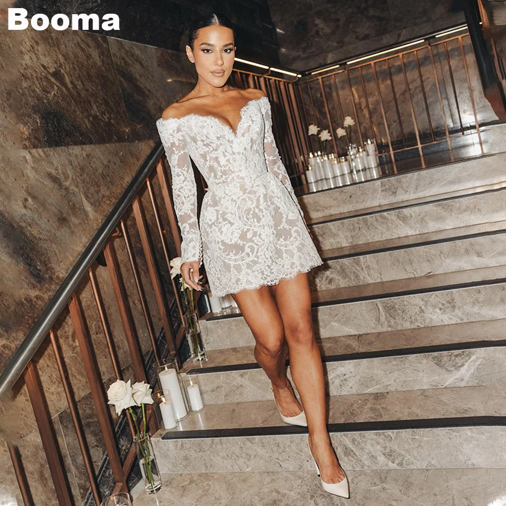 Booma Lace Short Wedding Dresses V Neck Mini Brides Party Gowns for Women Long Sleeves Bridals Evening Dress Customized