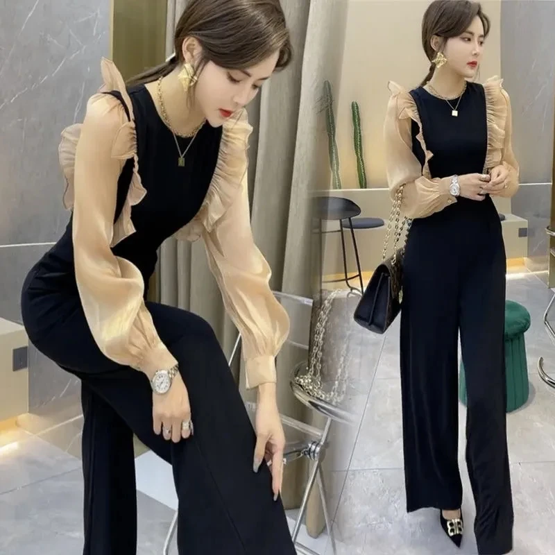 Net Red Temperament Ladies Jumpsuit Female 2024 Spring New Fungus Edge Waist Waist Show Thin Wide Leg Jumpsuit Suit