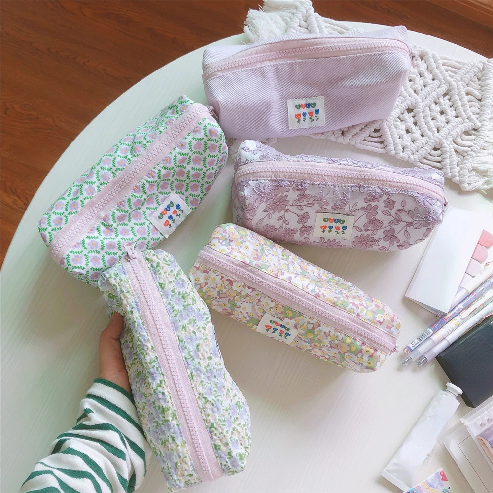 Korean Small Floral Cosmetic Bag For Women Mini Cute Makeup Cotton Fabric Toiletry Bag Pencil Case Organizer Pouch For Brushes