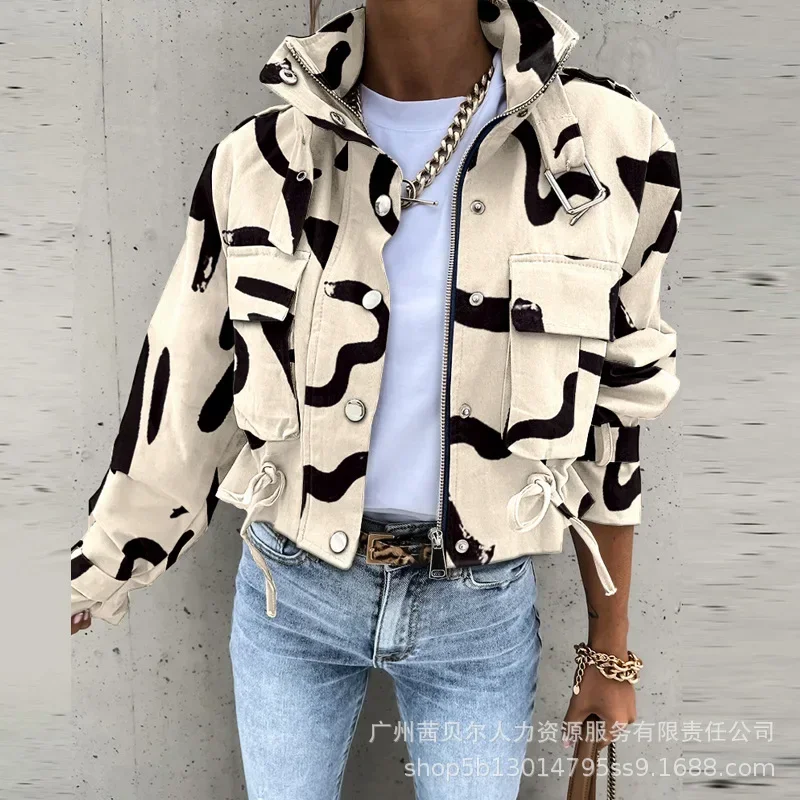 

2023 Autumn Women Geometric Jackets Tops Vintage Print Long Sleeve Button Jacket Coat Ladies Leisure Outerwear Short Tops