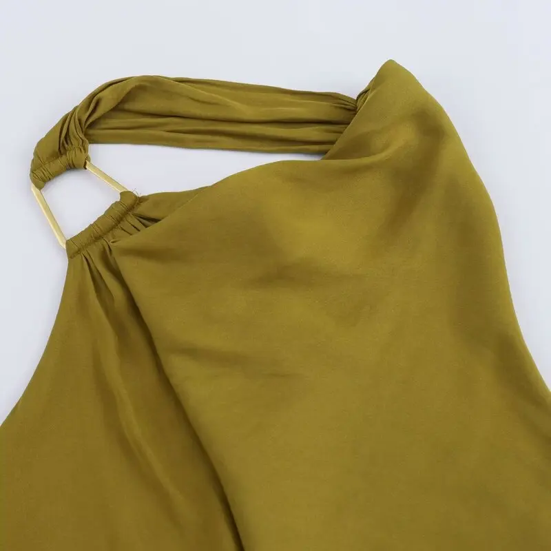 Vestido Midi de Seda com Textura de Cetim, Gola ter, Novo Estilo F de Outono para o Dia a Dia, Sem Mangas, Material...