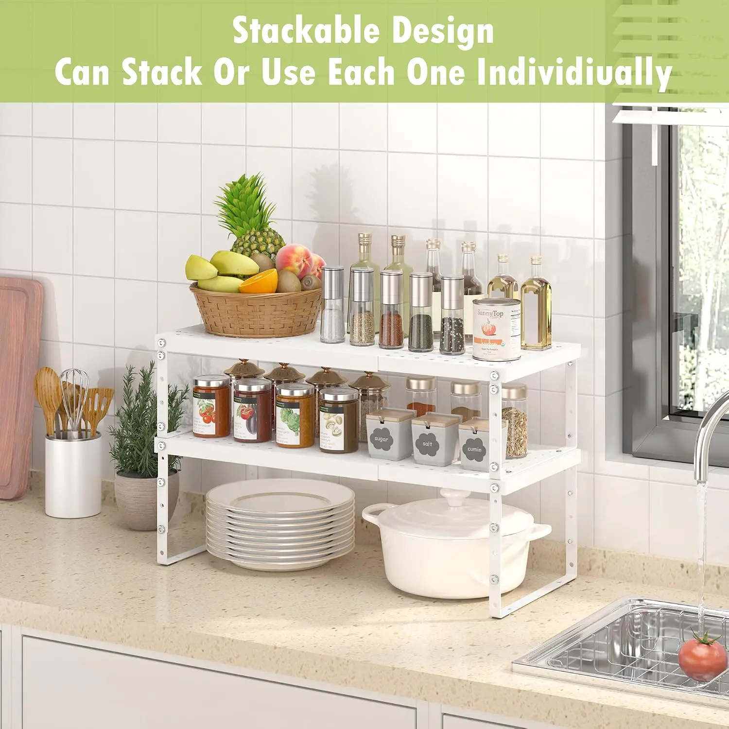 Expandable Cabinet Organizer Shelf With Adjustable Height, Stackable Kitchen Countertop Organizer Rack, Adjustable Shelf Riser