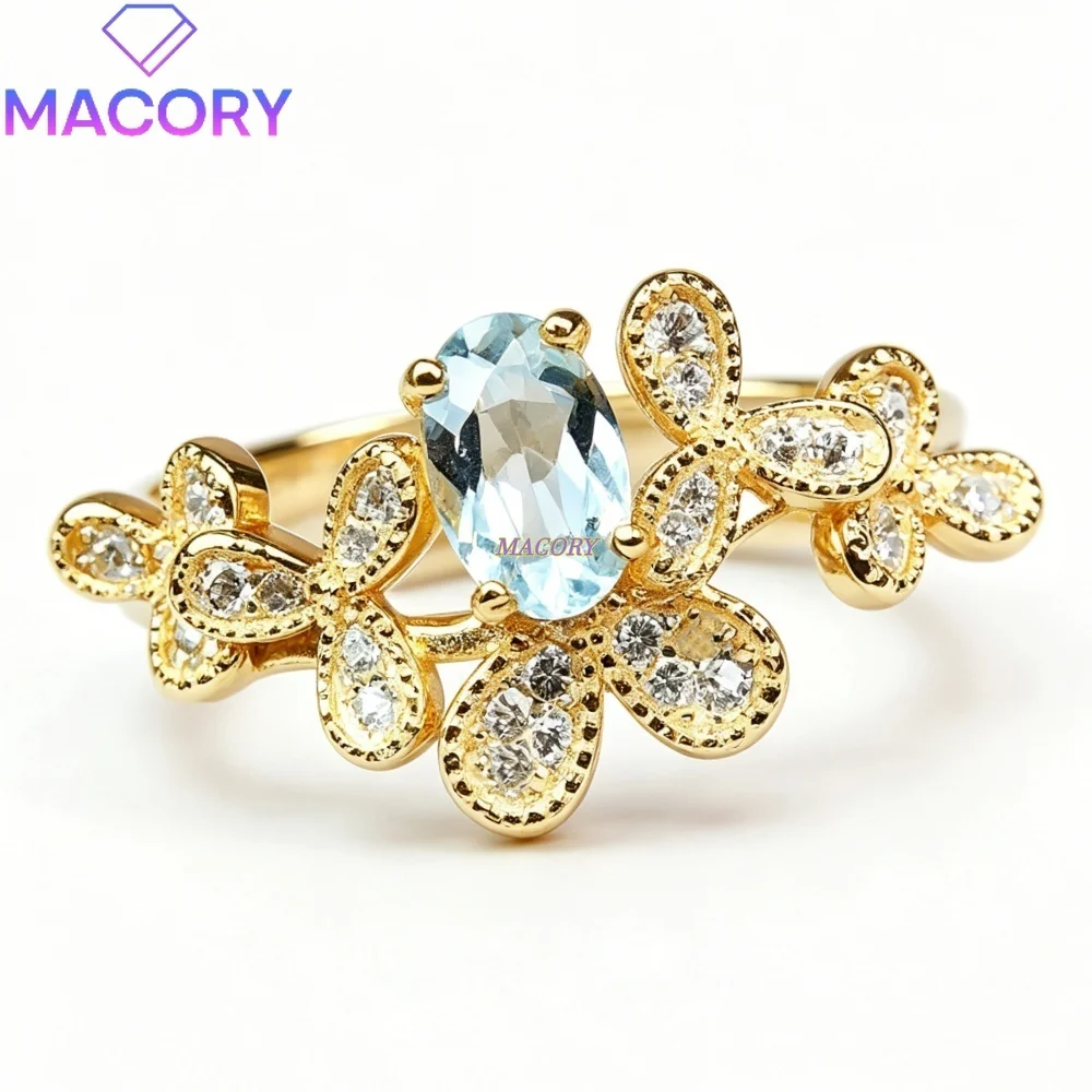 S925 Sterling Silver Natural Aquamarine Ring Trendy Fashion Flower Design Sweet Romantic Valentine's Day Gift Anniversary Gift