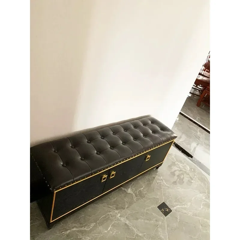 New Chinese Style Solid Wood Leather Shoe Changing Stool with Storage Rack for Entrance Hallway Home Decor Opposite Door