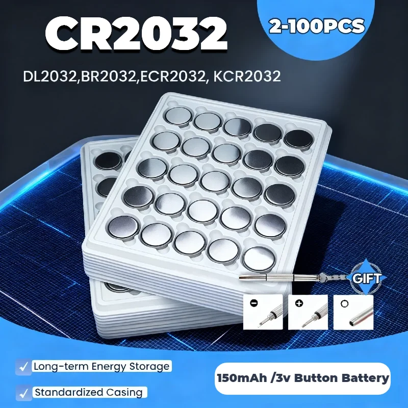 

CR2032 3V Lithium Battery 150mAh, Button Coin Cell for Watch Car Remote Key Fob Toy Calculator, Long-Lasting & Fresh Date