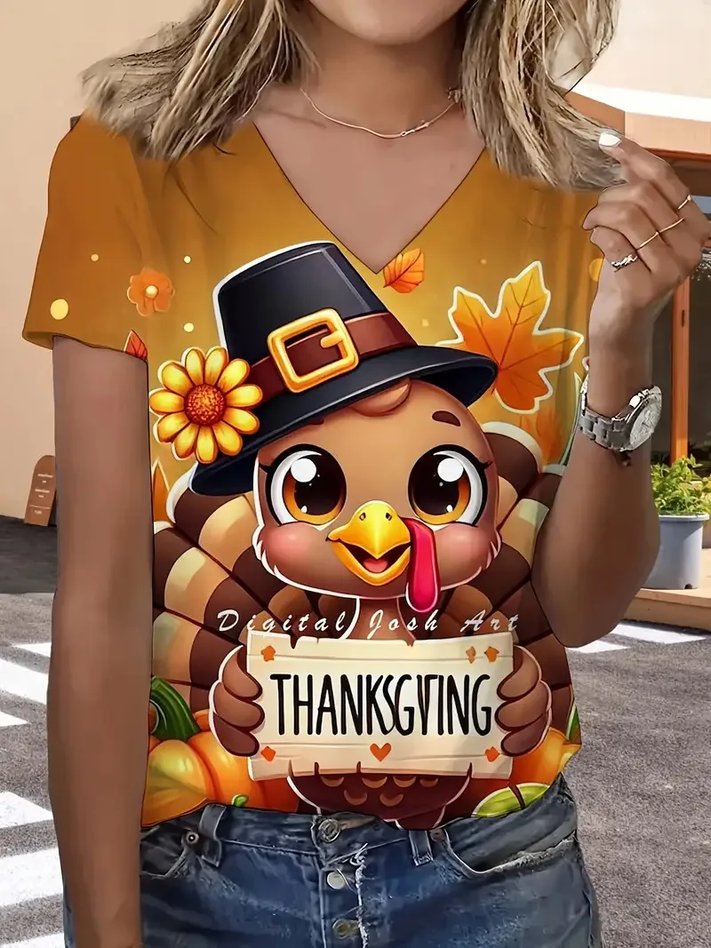 

Funny turkey wearing high top hat Thanksgiving 3D print women's t-shirt fashion Christmas casual daily loose women's y2k clothes