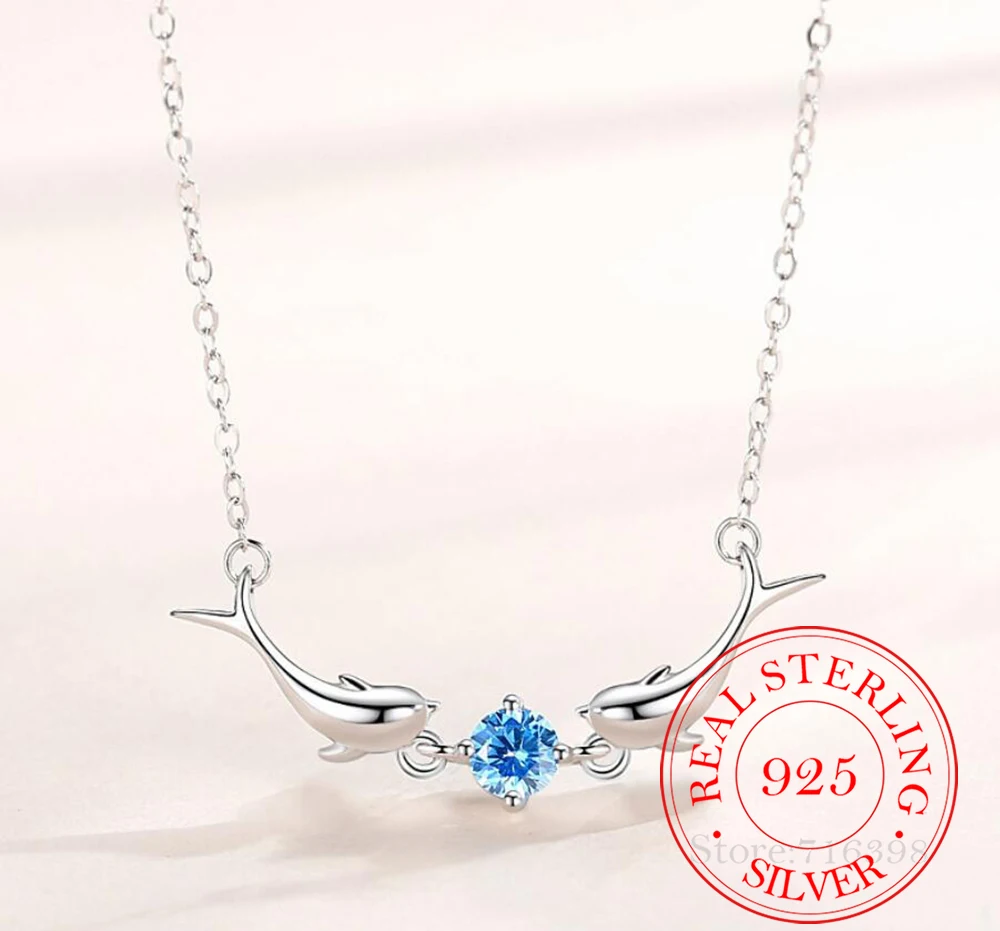 925 Sterling Silver Blue Zircon Dolphin Charm Necklaces Pendants Choker Statement Jewelry For Women Colar Wedding Party Gift