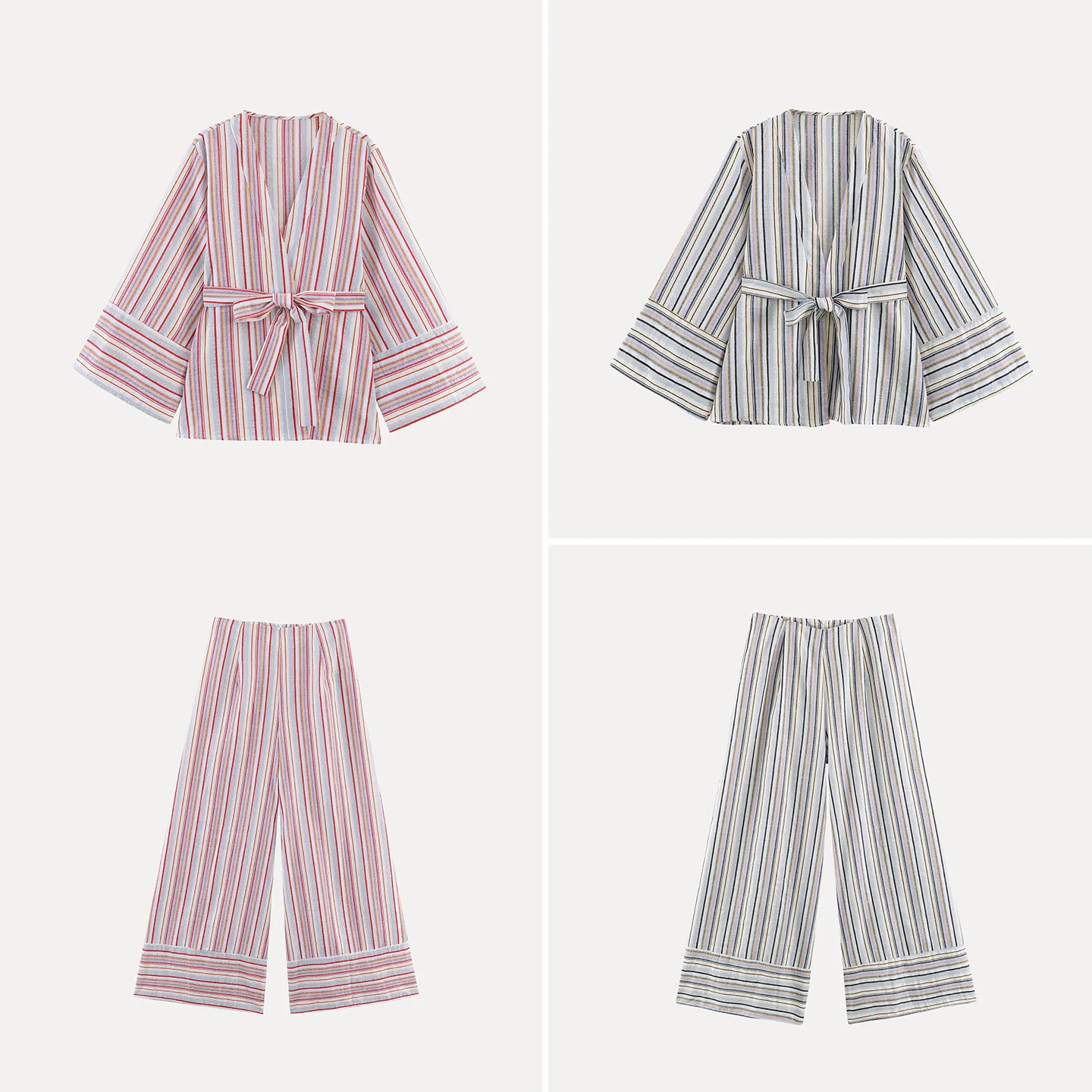 Conjunto Casual de Mujer a Rayas, Holgado, con Cinturón, Multicolor, Estilo Veraniego para el Trabajo, Pantalones Largos y Camisa, Traje de Dos Piezas, Versátil y Moderno