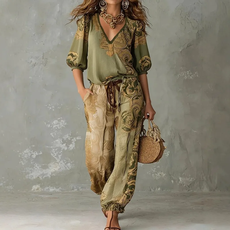 

Women Vintage Printed 2 Piece Outfit V Neck Puff Sleeve Blouse Drawstring Jogger Pants Elegant Casual Bohemian Matching Sets