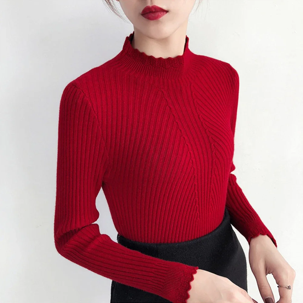 

Women Half High Collar Ruffles T Shirt Pullover Black White Wine Full Sleeve Knitt Bottoming Solid Pullovers Stripe Girl Sweater