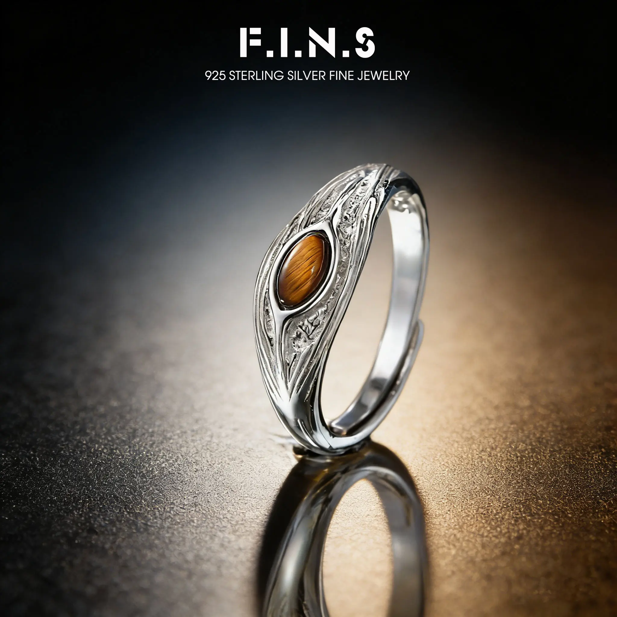 

F.I.N.S Vintage Old Tiger's Eye Stone S925 Sterling Silver Ring for Women Geometric Adjustable Index Finger Party Fine Jewelry