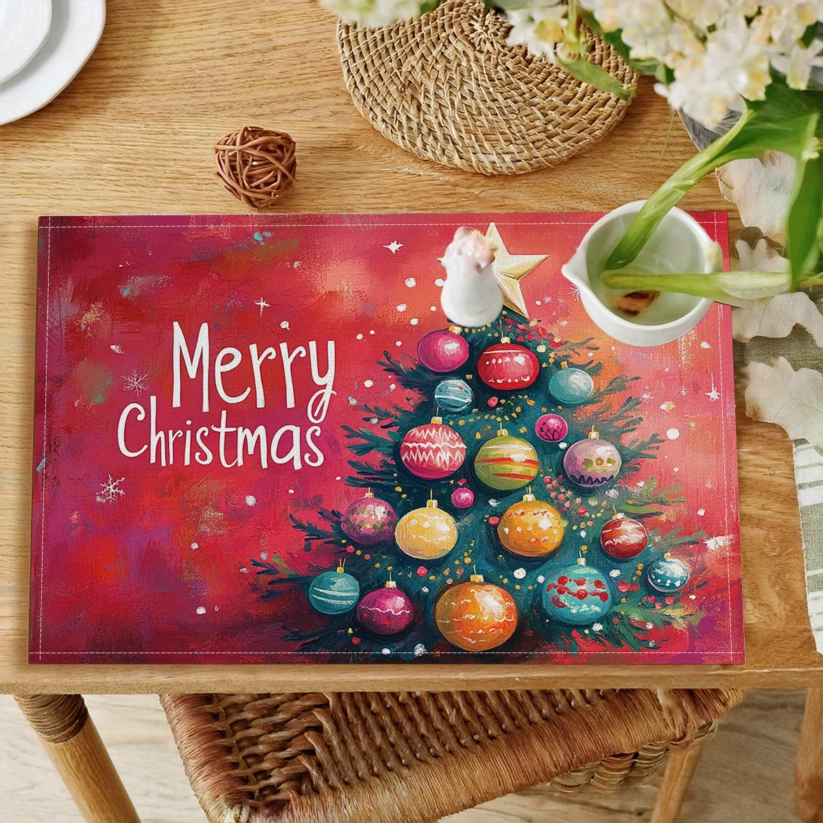 4pcs Festive Christmas Placemats Polyester, Digital Print, 18x12 Inches, Hand Wash Only Featuring Colorful Ornaments
