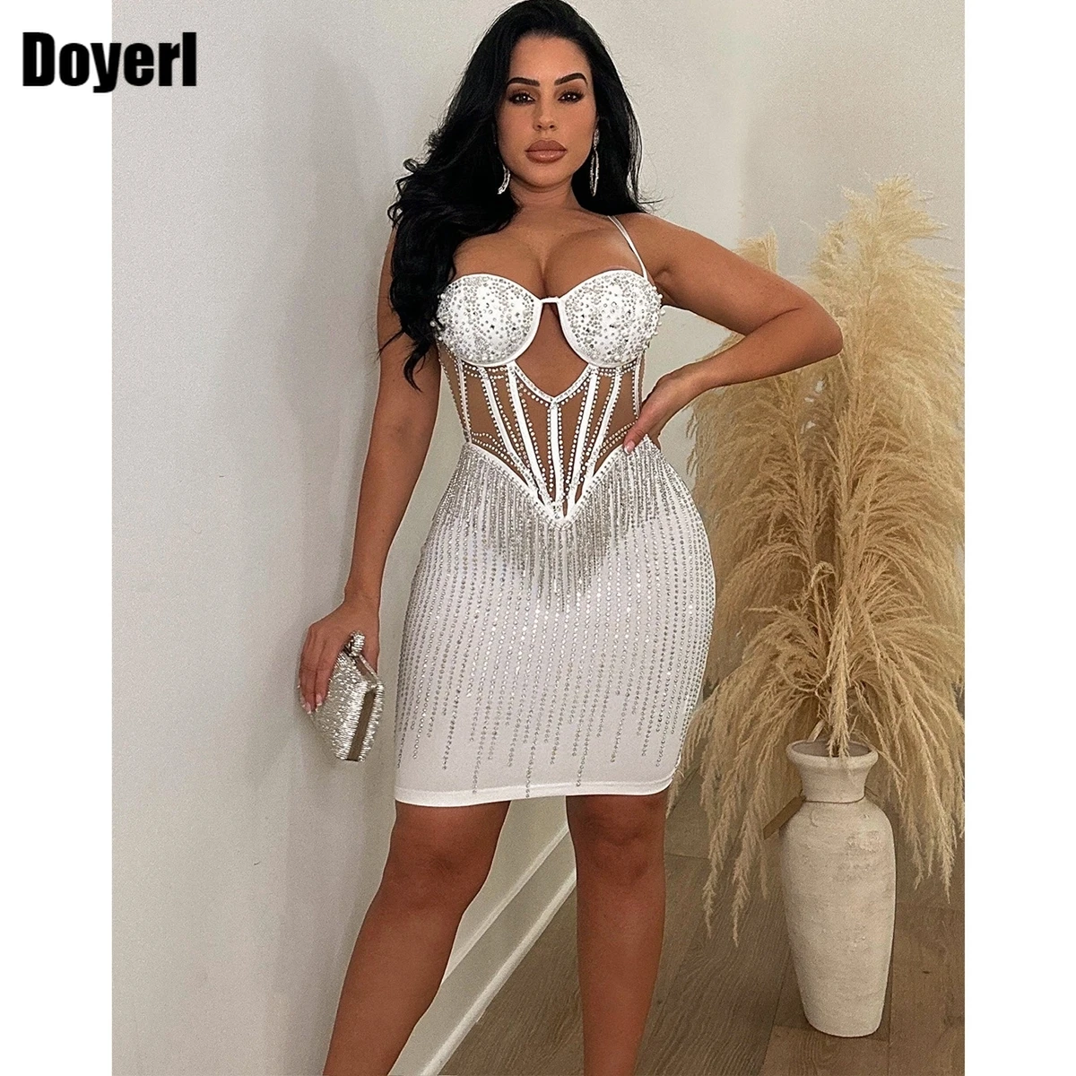 

Sparkly Diamonds Crystal Rhinestone Birthday Dress for Women Luxury Sleeveless Backless Bodycon Mini Night Club Party Dresses