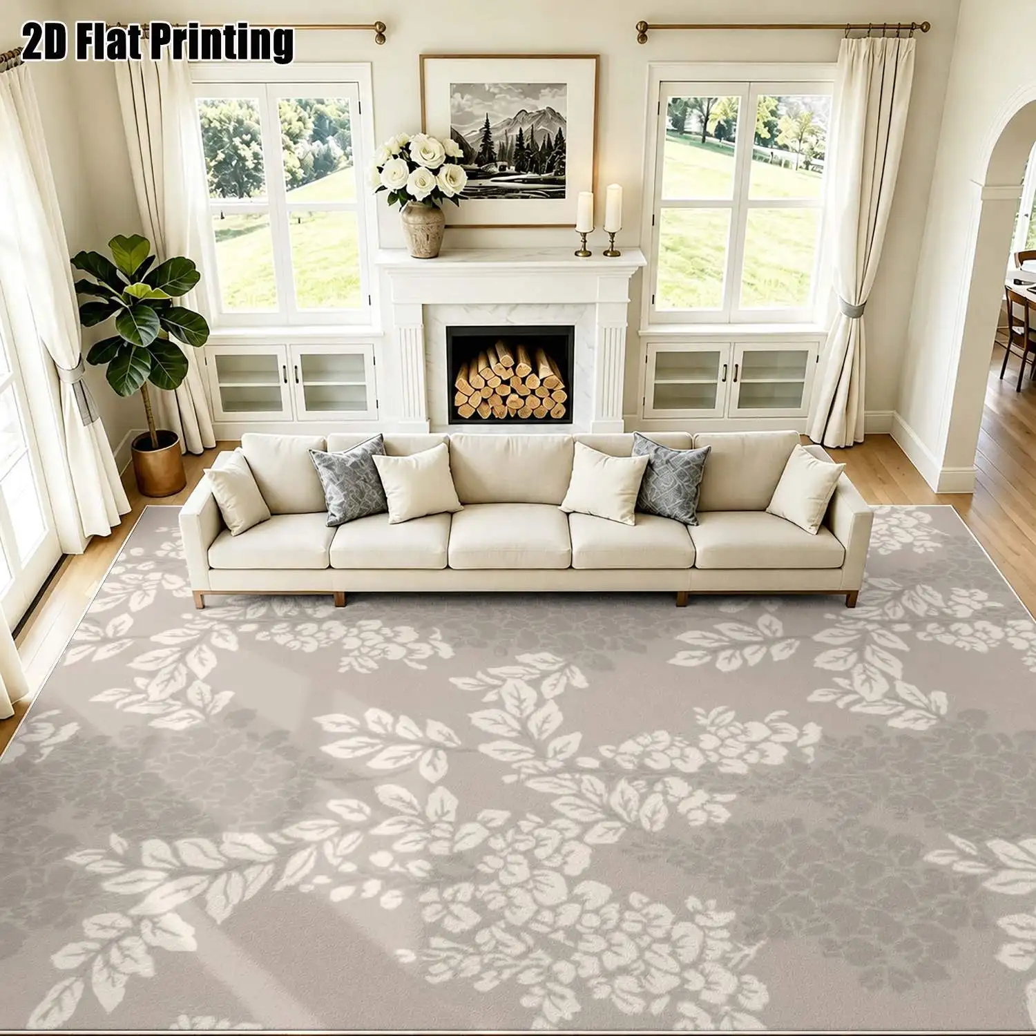 1Pc 2D Printed Velvet Carpet with Beige Leaf-Flower Pattern, Nordic Modern Minimalist Style, Multi-Size, Machine Washable for Home Decor, Multi-Scene Use