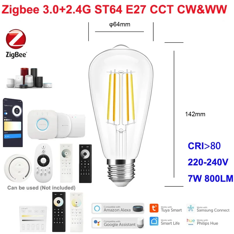 Bohlam LED E27 220V 7W G95 A60 ST64 Pintar Dapat Diredupkan 2.4G RF Klasik Retro Edison Filamen Antik Ganda Putih 2200K-6500K