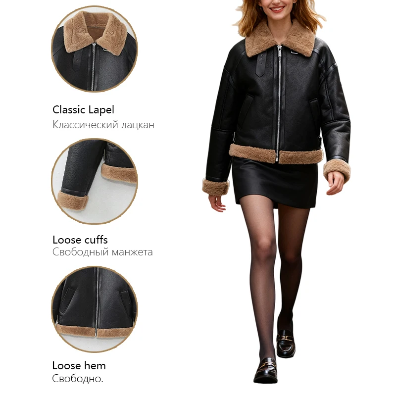 Giacca corta da donna in pelle vestibilità ampia con collo in pelliccia e polsini Orlo con bottoni laterali Giacca calda Abbigliamento donna Trafizaran