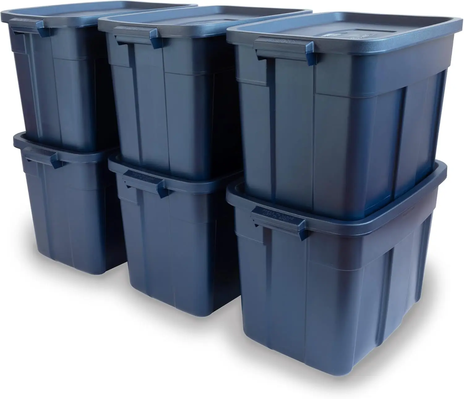 Rubbermaid Roughneck Tote 18 Gal, 6 Pack, Made in USA, Dark Indigo Metallic, Rugged Plastic Stackable Storage Bins with Lids and