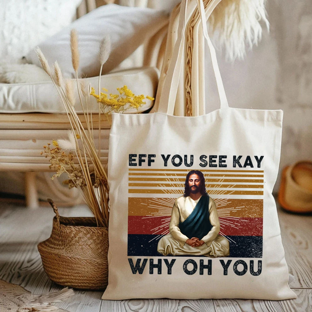 Vintage Christian Jesus Tote Bags Jesus Love U Eff You See Kay Why Oh You Ladies Elegant Shoulder Bags Large Capacity Canvas Bag