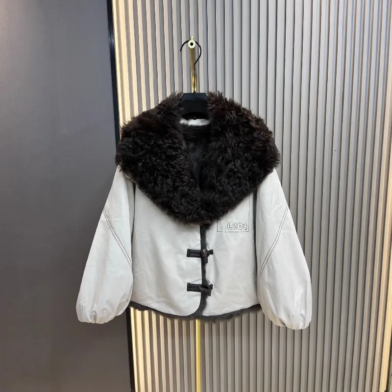 2025 Autumn Winter New Parkas Jacket Women's Rabbit Fur Lining Wool Collar Reversible Korean Style Casual Faux Fur Coat Female