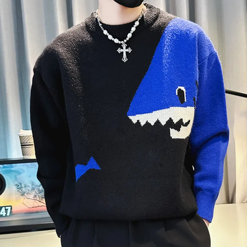 

Contrasting Colors Shark Printing Sweater Mens Pullover Sweater Pull Homme Autumn Sweater For Men Knitted Round Neck Sweater