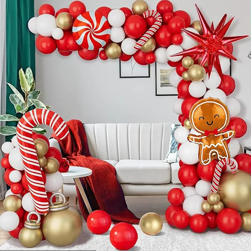 108pcs Christmas Balloon Garland Metal Gold Red White Candy Cane Balloon Arch for Christmas Decoration New Year Party Supplies