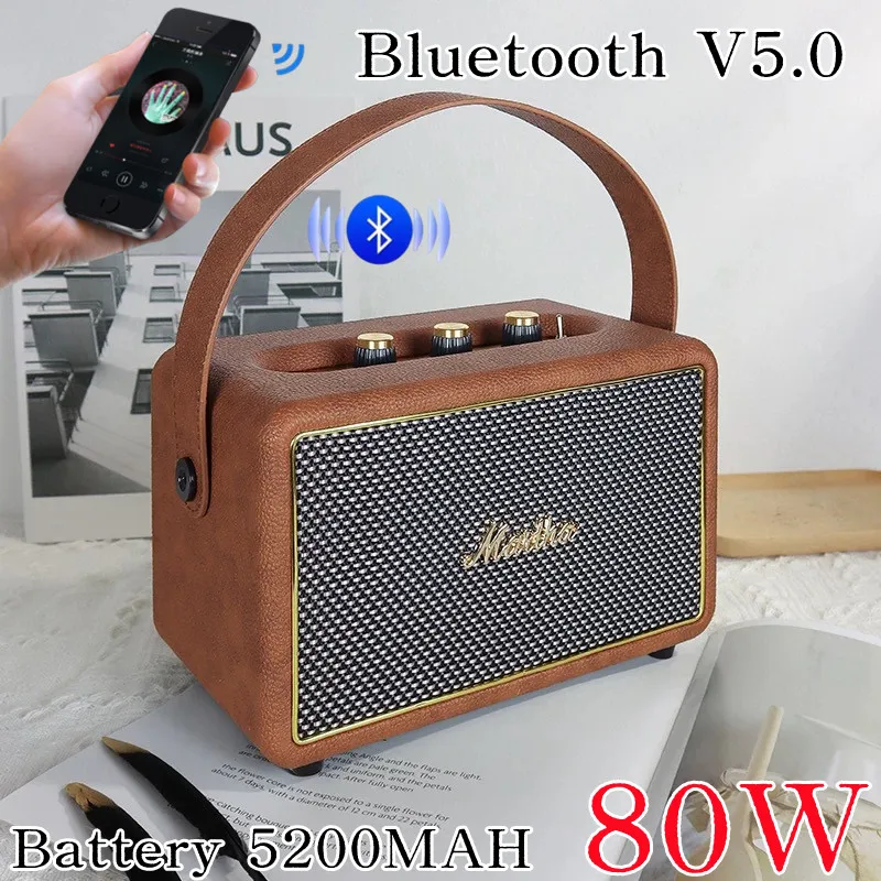 80W Caixa De Som Bluetooth Speaker Bass Diaphragm Active Retro Wooden Full-range Portable Wireless Subwoofer Soundbar Sound Box