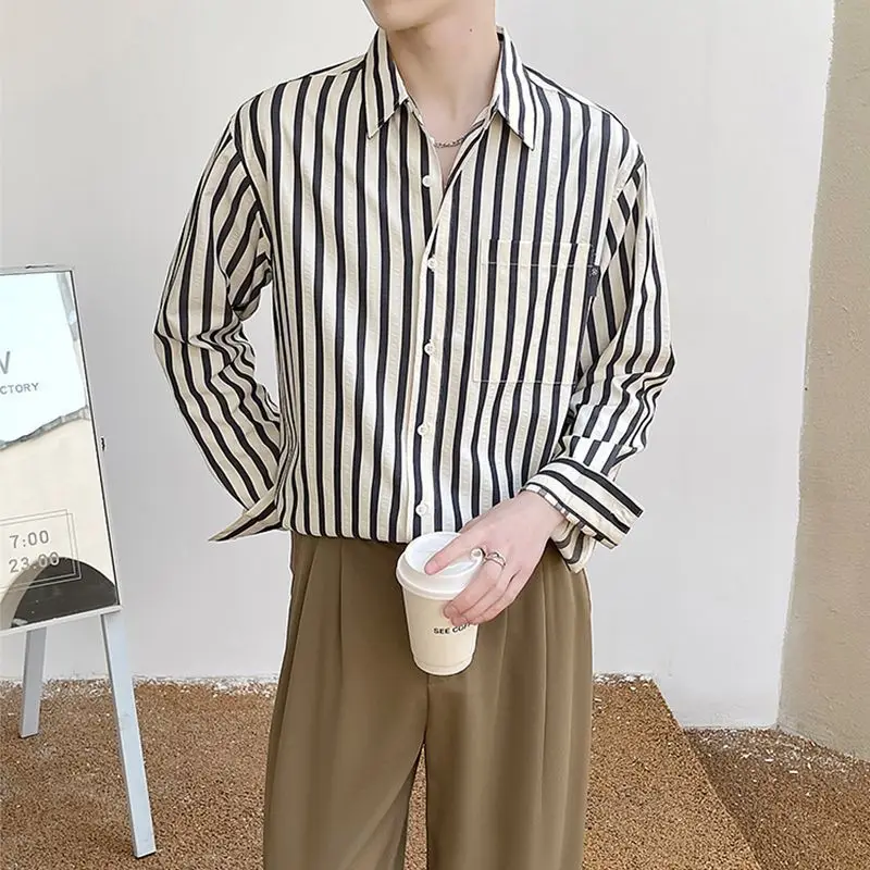Men's Clothing Premium Green White Striped Shirt Spring Summer Korean Style Loose Fit Draped Color Block Casual Trendy New