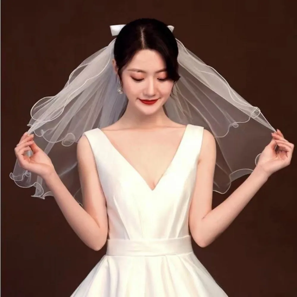 Korean Bridal Veil with Bow Hair Clip Headdress Bride Party Mesh Hairpin Simple Bridal Wedding Hair Accessories image 5