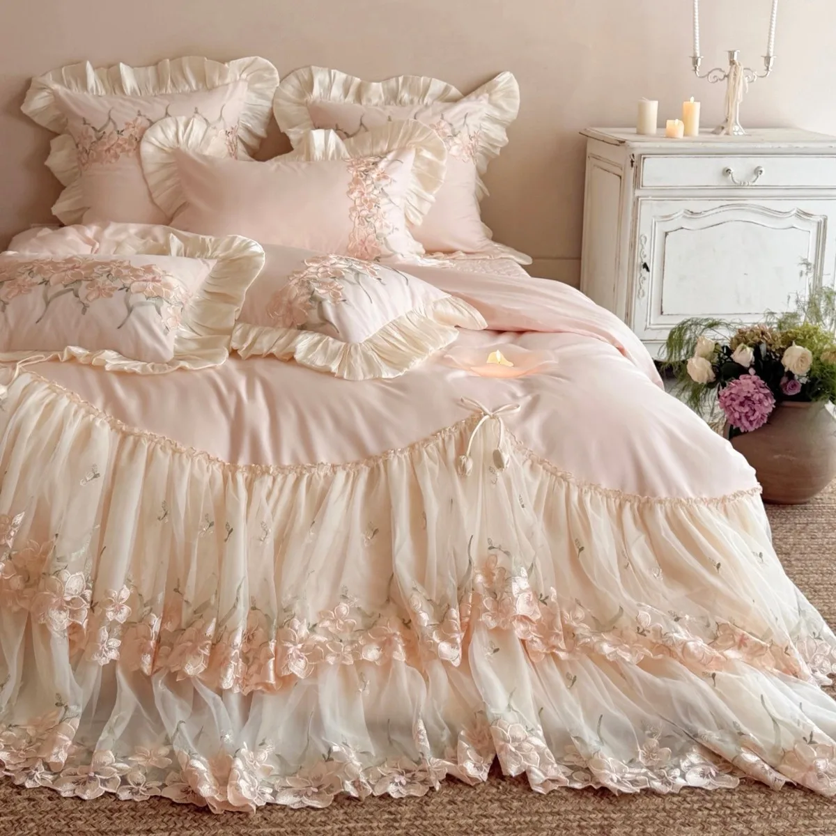 100 long-staple cotton high-grade lace French princess style four-piece set, spring and summer high-staple cotton quilt cover