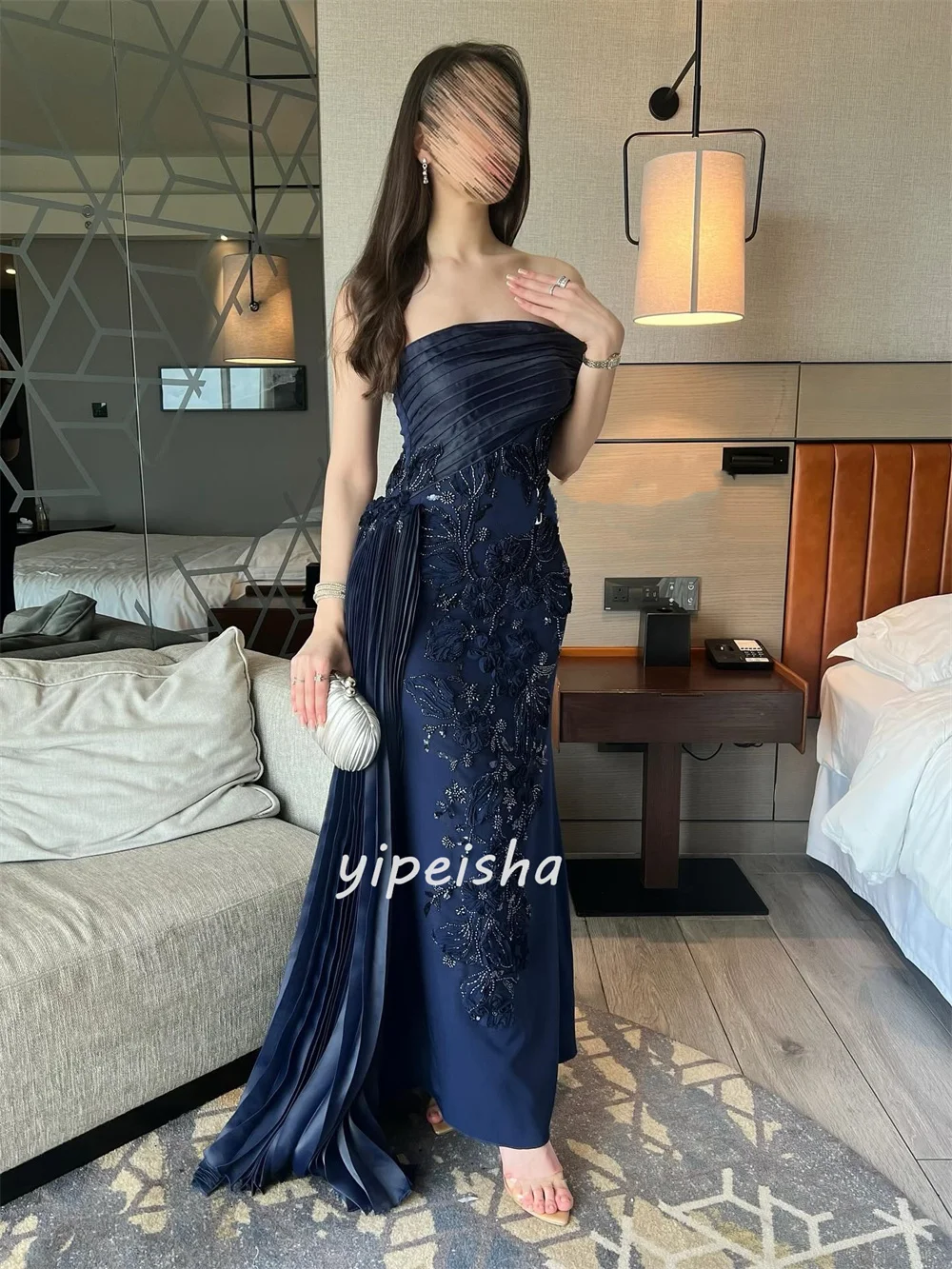 Customized Modern Style Classic Jersey Handmade Flower Beading Straight Strapless Ankle Length Dresses Bespoke Occasion Dresses