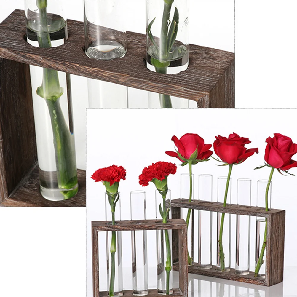 

1Pcs Glass Tube Vase Retro Hydroponic Test Tube Flower Pot with Wooden Stand Home Decor Simple Transparent Floral Arrangement