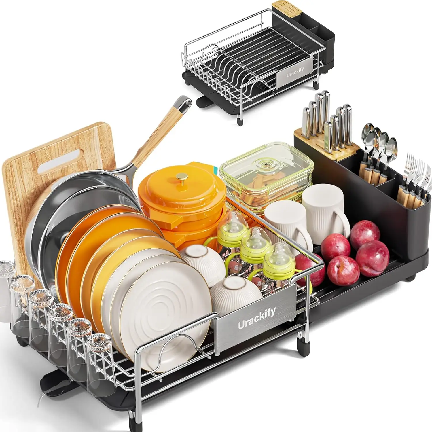

Dish Drying Rack, Expandable Stainless Steel Dish Rack with Drainboard Set Kitchen Sink Organizer for Counter, Large Capacity Ki