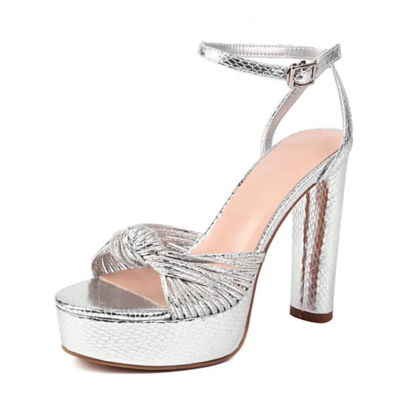 Golden Metallic Leather Heel Pumps Shoes Knot Front Open Toe High Platform Chunky Sandals Ankle Strap Summer Shoes