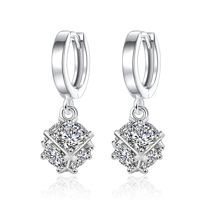 Simple 925 Sterling Silver Earrings Square Cubic Zircon Crystal Drop Earring for Women