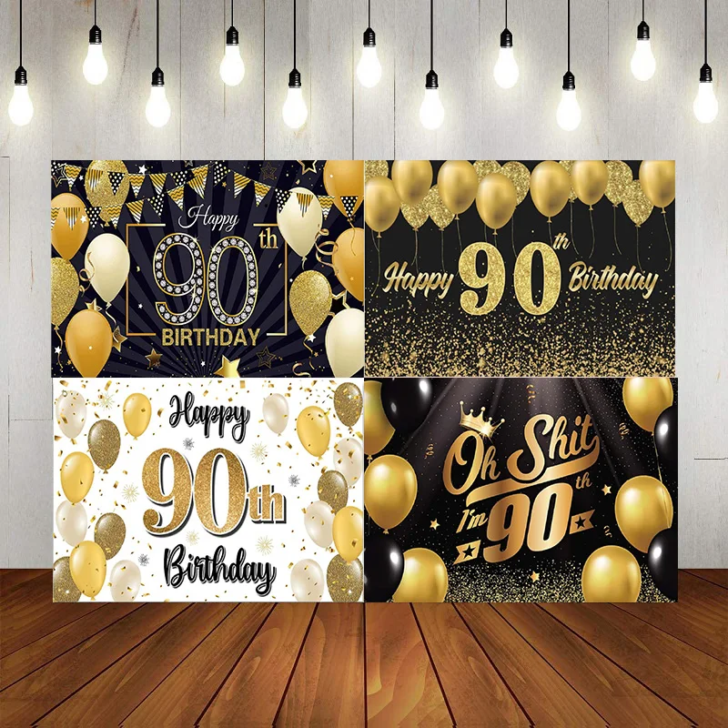 90th Banner Photography Backdrop Black Gold Balloons Crown Confetti Cheers 90 Years Old  Decor Anniversary Background Black Gold