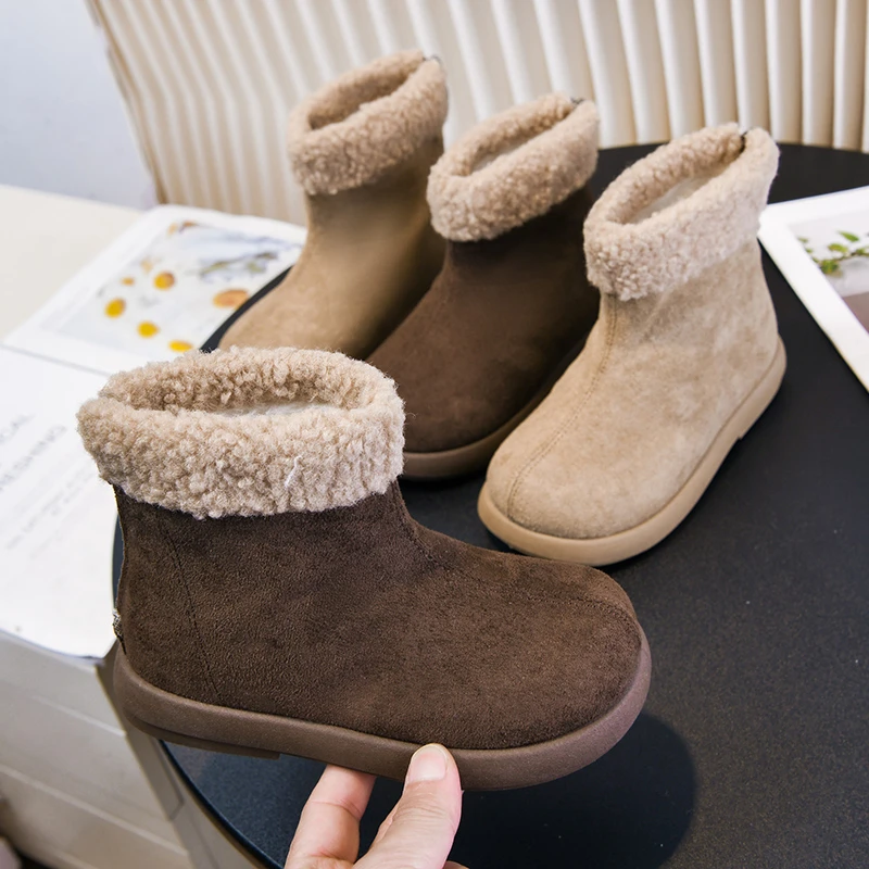 Kids' Suede Snow Boots - Beige Plush Fleece Collar Warm Winter Footwear for Children Girls' Fashionable Soft Soled Non Slip Boot