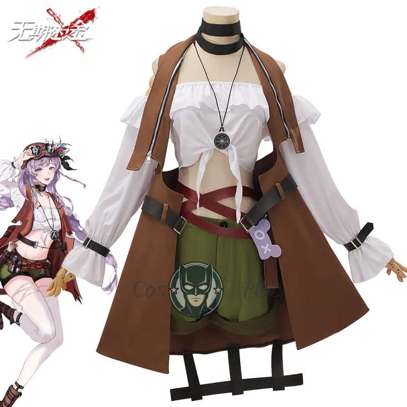 

Game Path To Nowhere Hella Cosplay Costume Brown Coat Cloak Shorts Hat Tube Tops Uniform Woman Sexy Carnival Party Suit