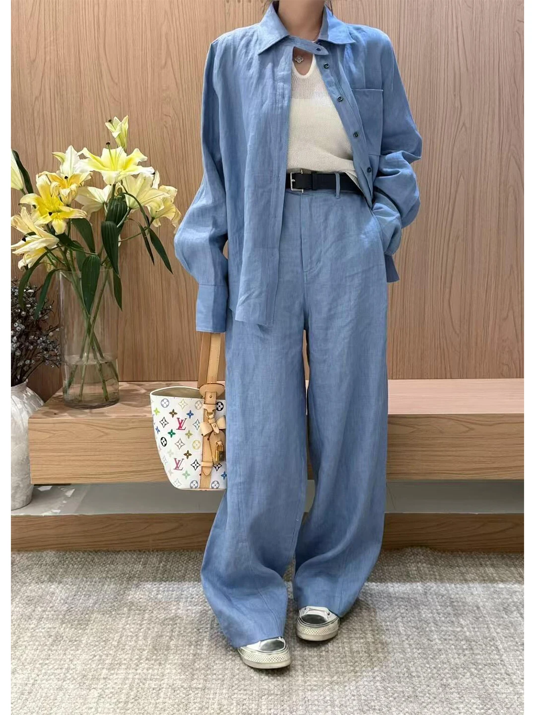 Blue Linen Cotton Shirt Set Women's Summer High Waist Wide Leg Pants Two Piece Suit Casual Commute Slimming Fashion Ensemble