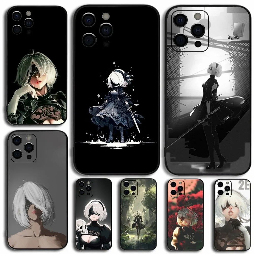 Anime N-NieR Automata 2B Phone Case For Apple iPhone 15,14,13,12,11,Pro,X,XS,Max,XR,Plus,Mini Soft Black Cover