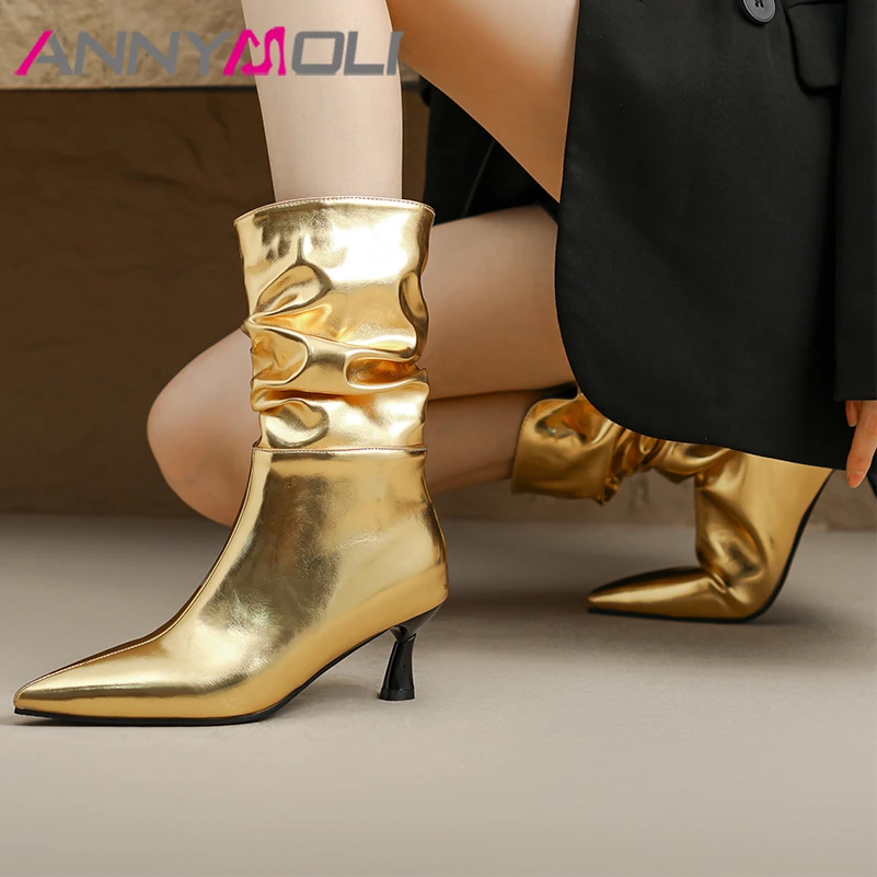 

ANNYMOLI Women Ankle Short Boots Pointed Toe Thin High Heels Pleated Metallic Boots Ladies Fashion Shoes Winter Gold Silver 44