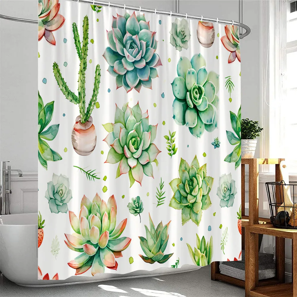 Green Plants Shower Curtain Tropical Leaves Cactus Succulent Flower Botanical Bathroom Decor Polyester Bathtub Curtain with Hook