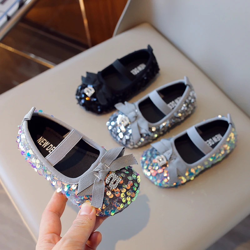 2024 Autumn New Girl\'s Bow Single Shoes Soft Sole Baby Korean Fashion Sequin Princess Shoes