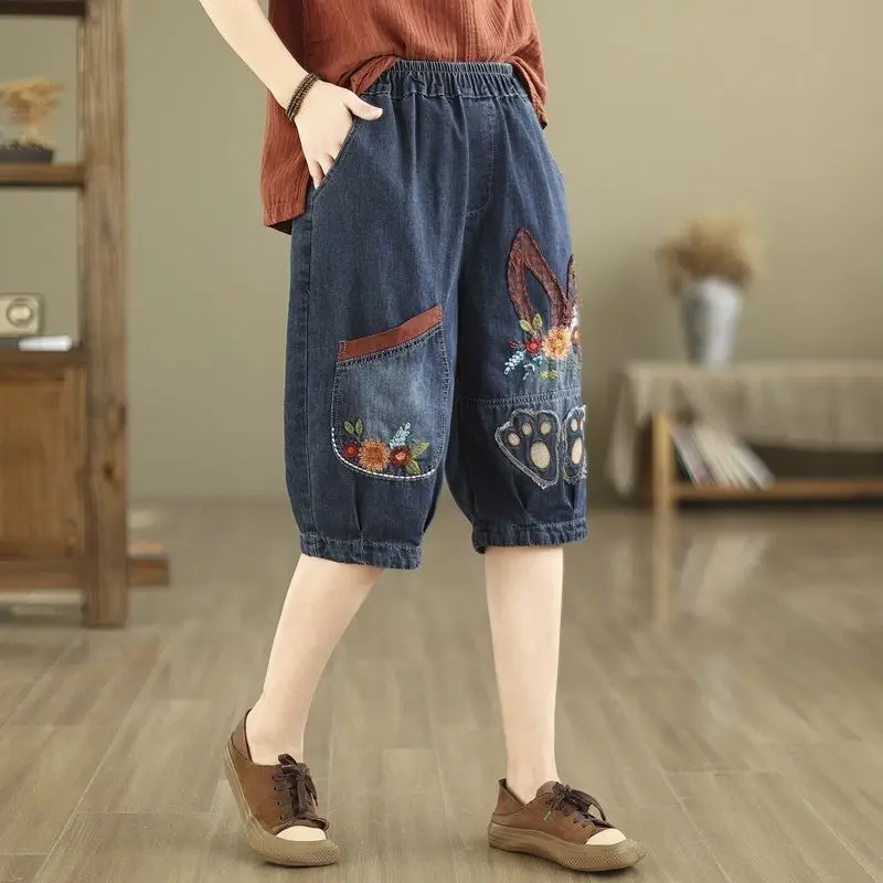 الرجعية المرقعة المطرزة الجينز خمس دقائق الدنيم الحريم جديد الصيف فضفاض منتصف طول السراويل #5