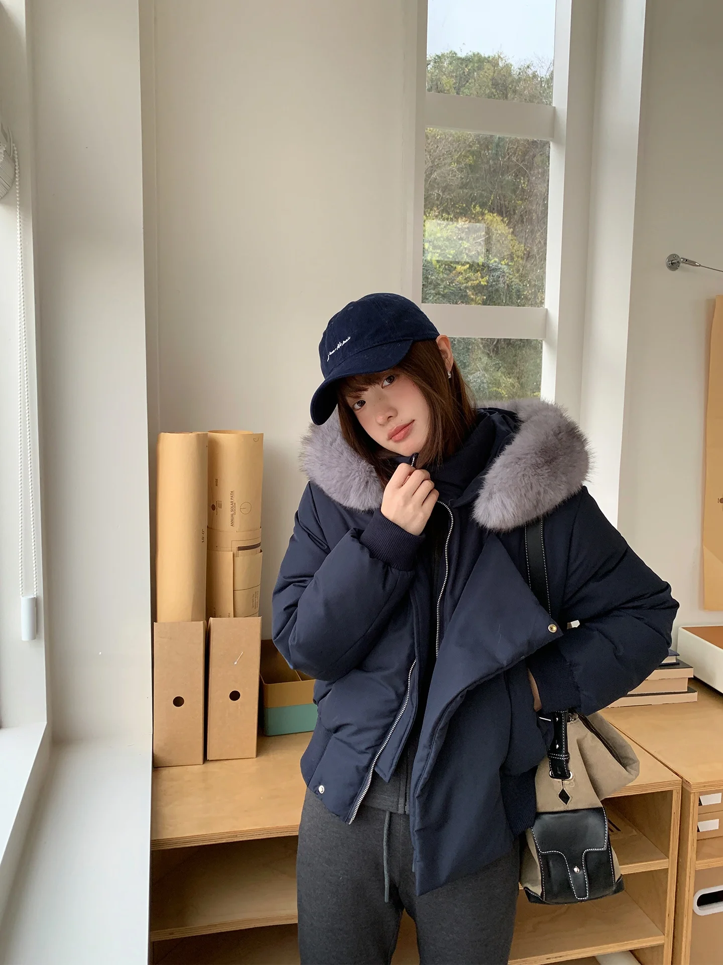 

Diamo ort Puffer Jaet 90 White Du down Large Fur Collar Casual Sle High Waist Warmth Women's Coat Fur Collar