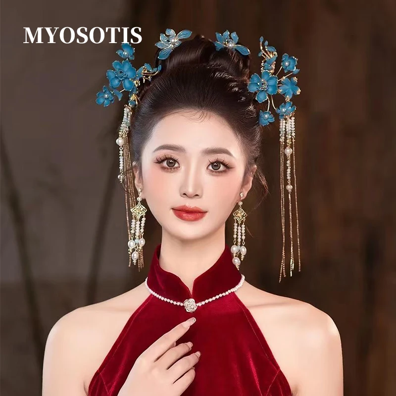 

Chinese Style Xiuhe Hair Accessories Cheongsam Blue Flower Costume With Tassels Step Swaying Cloisonn Hanfu Hairpins Set