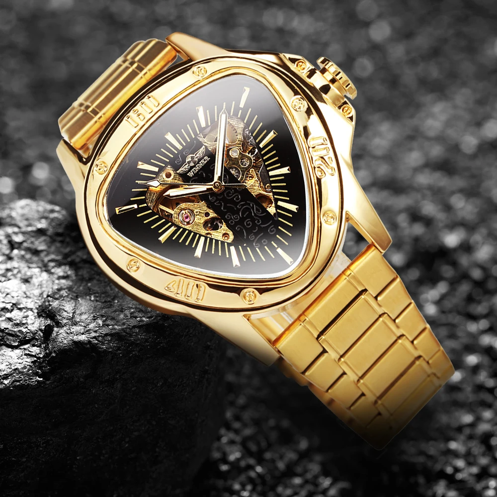 WINNER Military Triangle Skeleton Watch for Men Luminous Luxury Sports Automatic Mechanical Watches Gold Stainless Steel Strap