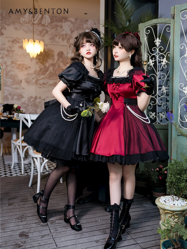 Estilo de fada op elegante cla original lolita vestido doce temperamento puff mangas pérola pingente high-end cetim magro vestidos inchados
