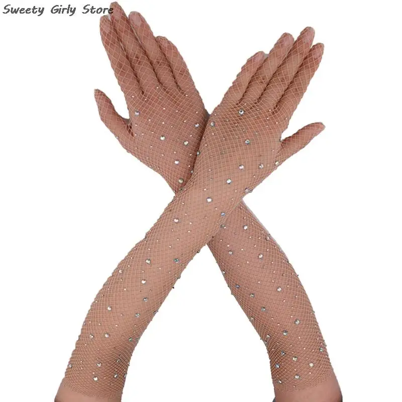 1 Pair Flash Diamond Long Gloves Sexy Mesh Party Dancing Mittens Women Nightclub Dress Up Cosplay Costume Performance Gloves